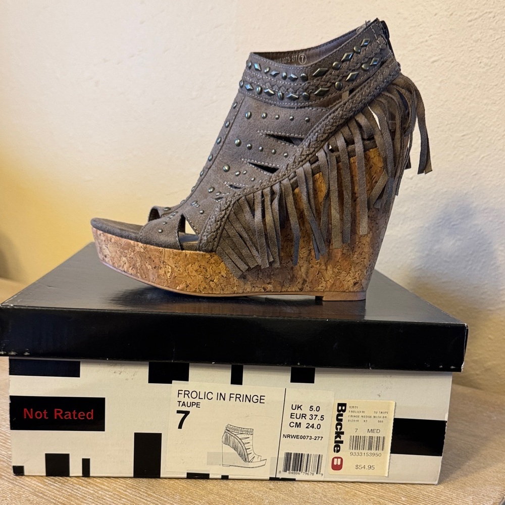 Buckle Taupe Fringe Wedges